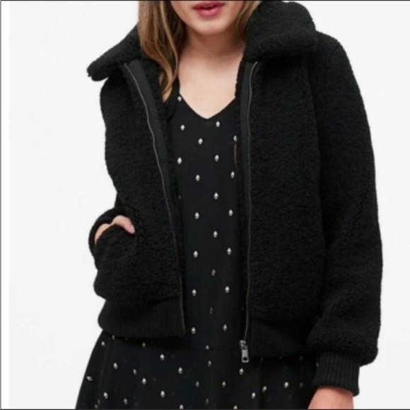 Banana Republic Teddy Sherpa Shearling Full Zip Bomber Jacket In Black - Picture 2 of 12